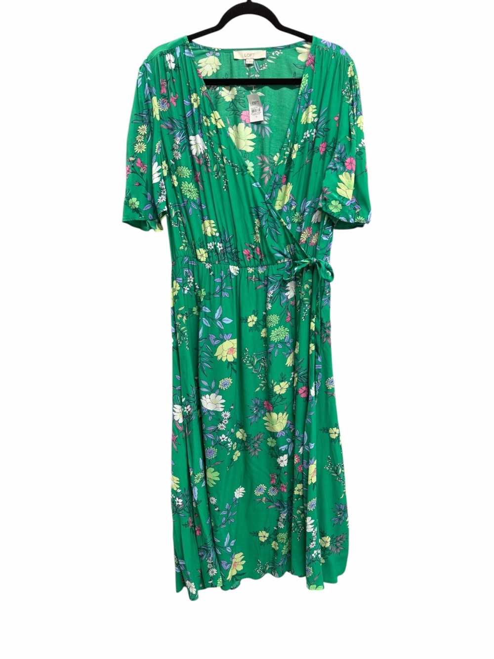 LOFT Green Floral Midi Dress Wrap‎ Flounce Sleeve Soft Rayon 16